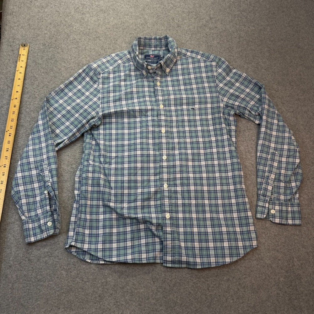 Vineyard Vines Classic Fit Plaid Shirt Men's Medium Green Blue Long Sleeve Butto